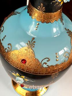 Antique-Opaline Vase-BLUE-LARGE-Art Glass Jewel Vase-Vase Blue Gold Enamel