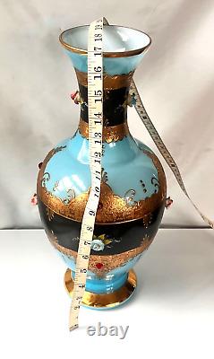 Antique-Opaline Vase-BLUE-LARGE-Art Glass Jewel Vase-Vase Blue Gold Enamel