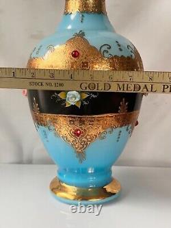 Antique-Opaline Vase-BLUE-LARGE-Art Glass Jewel Vase-Vase Blue Gold Enamel