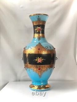 Antique-Opaline Vase-BLUE-LARGE-Art Glass Jewel Vase-Vase Blue Gold Enamel
