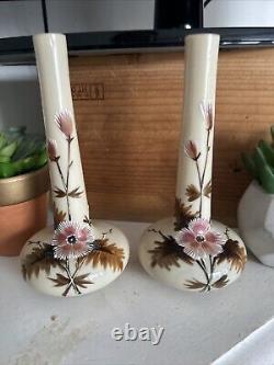 Antique Pair Art Nouveau Opaline Milk Satin Glass Vases Hand Enamelled Harrach