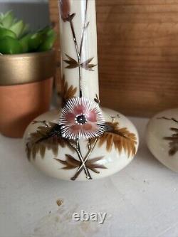 Antique Pair Art Nouveau Opaline Milk Satin Glass Vases Hand Enamelled Harrach