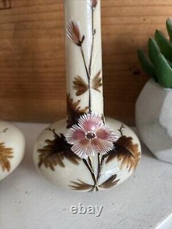 Antique Pair Art Nouveau Opaline Milk Satin Glass Vases Hand Enamelled Harrach