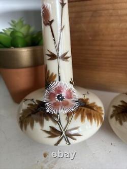 Antique Pair Art Nouveau Opaline Milk Satin Glass Vases Hand Enamelled Harrach