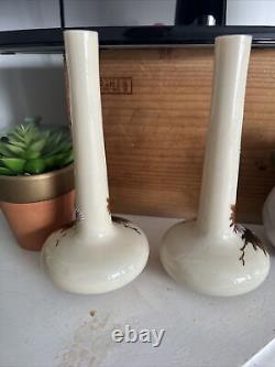 Antique Pair Art Nouveau Opaline Milk Satin Glass Vases Hand Enamelled Harrach