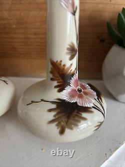 Antique Pair Art Nouveau Opaline Milk Satin Glass Vases Hand Enamelled Harrach