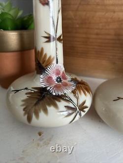 Antique Pair Art Nouveau Opaline Milk Satin Glass Vases Hand Enamelled Harrach