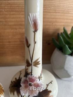Antique Pair Art Nouveau Opaline Milk Satin Glass Vases Hand Enamelled Harrach