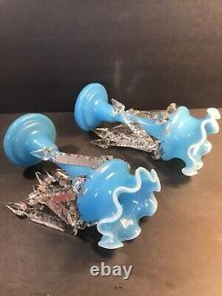 Antique Pair Of French Opaline Glass Lusters/ Candleholder/ C. 1920/ Baccarat