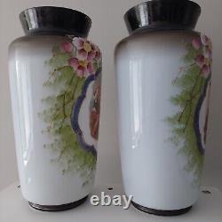 Antique Pair Opaline french glass enamel hand painted Murillo's scene vases 12