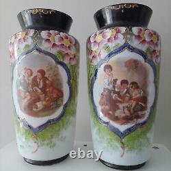 Antique Pair Opaline glass enamel hand painted Murillo vases 12 Inch RARE
