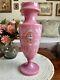 Antique Pink Opaline Glass Bristol Vase Hand Patient Floral Urn Shape Victorian