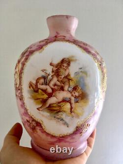 Antique Pink Opaline Milk Glass Hand Painted Vase Cherubs Angels Amazing