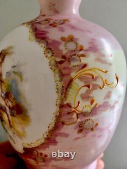 Antique Pink Opaline Milk Glass Hand Painted Vase Cherubs Angels Amazing