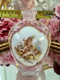 Antique Pink Opaline Milk Glass Hand Painted Vase Cherubs Angels Amazing