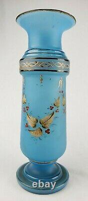Antique Pontil Bristol Glass Opaline Blue Harrach Vase Hand Painted Gold Enamels