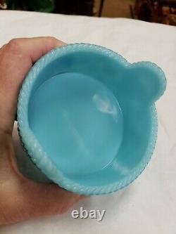 Antique Portieux Vallerysthal Blue Opaline Milk Glass Covered Powder Jar / Dish