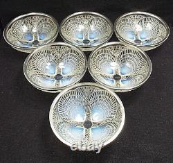 Antique R Lalique Crystal Coquilles 6 Opalescent Bowls #3204 with 950 Silver Rims