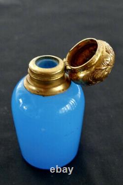 Antique Rare French Blue Opaline Glass Stand up Perfume Flask Scent Chatelaine