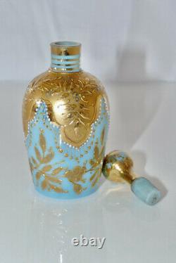 Antique Rare Moser1880s Small Blue Opaline Gilt Enameled Glass Perfume Bottle