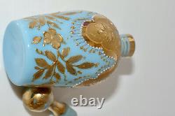 Antique Rare Moser1880s Small Blue Opaline Gilt Enameled Glass Perfume Bottle