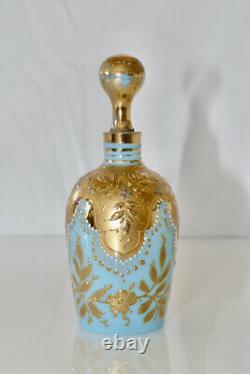 Antique Rare Moser1880s Small Blue Opaline Gilt Enameled Glass Perfume Bottle