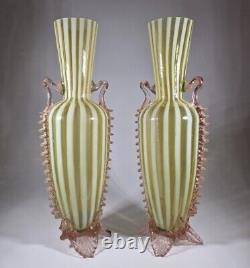 Antique Rare Victorian 1890s Czech Uranium Opalescent Striped Glass Vases