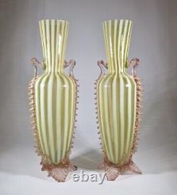 Antique Rare Victorian 1890s Czech Uranium Opalescent Striped Glass Vases