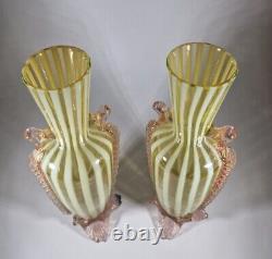 Antique Rare Victorian 1890s Czech Uranium Opalescent Striped Glass Vases