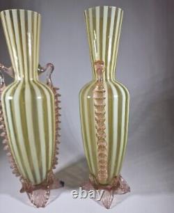 Antique Rare Victorian 1890s Czech Uranium Opalescent Striped Glass Vases