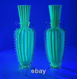 Antique Rare Victorian 1890s Czech Uranium Opalescent Striped Glass Vases