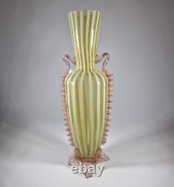 Antique Rare Victorian 1890s Czech Uranium Opalescent Striped Glass Vases
