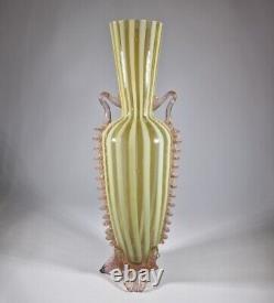 Antique Rare Victorian 1890s Czech Uranium Opalescent Striped Glass Vases