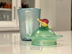 Antique Steuben Verre De Soie Opaline Art Glass Lidded Jar with Fruit Finial Top