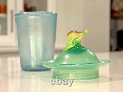 Antique Steuben Verre De Soie Opaline Art Glass Lidded Jar with Fruit Finial Top