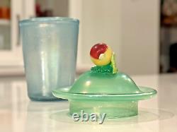 Antique Steuben Verre De Soie Opaline Art Glass Lidded Jar with Fruit Finial Top