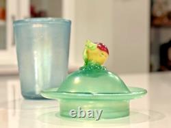 Antique Steuben Verre De Soie Opaline Art Glass Lidded Jar with Fruit Finial Top
