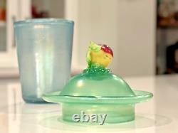 Antique Steuben Verre De Soie Opaline Art Glass Lidded Jar with Fruit Finial Top