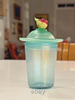 Antique Steuben Verre De Soie Opaline Art Glass Lidded Jar with Fruit Finial Top