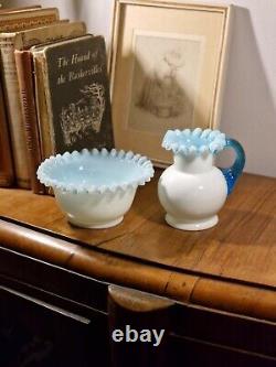 Antique Stourbridge Opaline Uranium Glass Applique Blue Handle Ruffled Jug Bowl