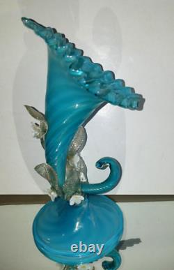 Antique VICTORIAN JACK IN THE PULPIT Opalescent Blue Swirl Gold ART GLASS VASE