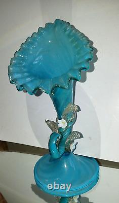 Antique VICTORIAN JACK IN THE PULPIT Opalescent Blue Swirl Gold ART GLASS VASE