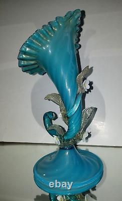 Antique VICTORIAN JACK IN THE PULPIT Opalescent Blue Swirl Gold ART GLASS VASE