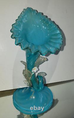 Antique VICTORIAN JACK IN THE PULPIT Opalescent Blue Swirl Gold ART GLASS VASE