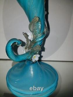 Antique VICTORIAN JACK IN THE PULPIT Opalescent Blue Swirl Gold ART GLASS VASE