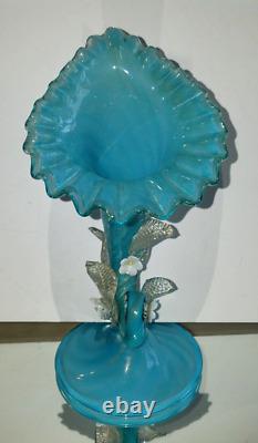 Antique VICTORIAN JACK IN THE PULPIT Opalescent Blue Swirl Gold ART GLASS VASE