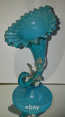 Antique VICTORIAN JACK IN THE PULPIT Opalescent Blue Swirl Gold ART GLASS VASE