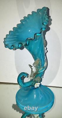 Antique VICTORIAN JACK IN THE PULPIT Opalescent Blue Swirl Gold ART GLASS VASE