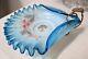 Antique Victorian Opalescent Art Glass Candy Dish Blue Handpainted Ruffled