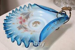 Antique VICTORIAN Opalescent Art Glass CANDY DISH Blue Handpainted Ruffled